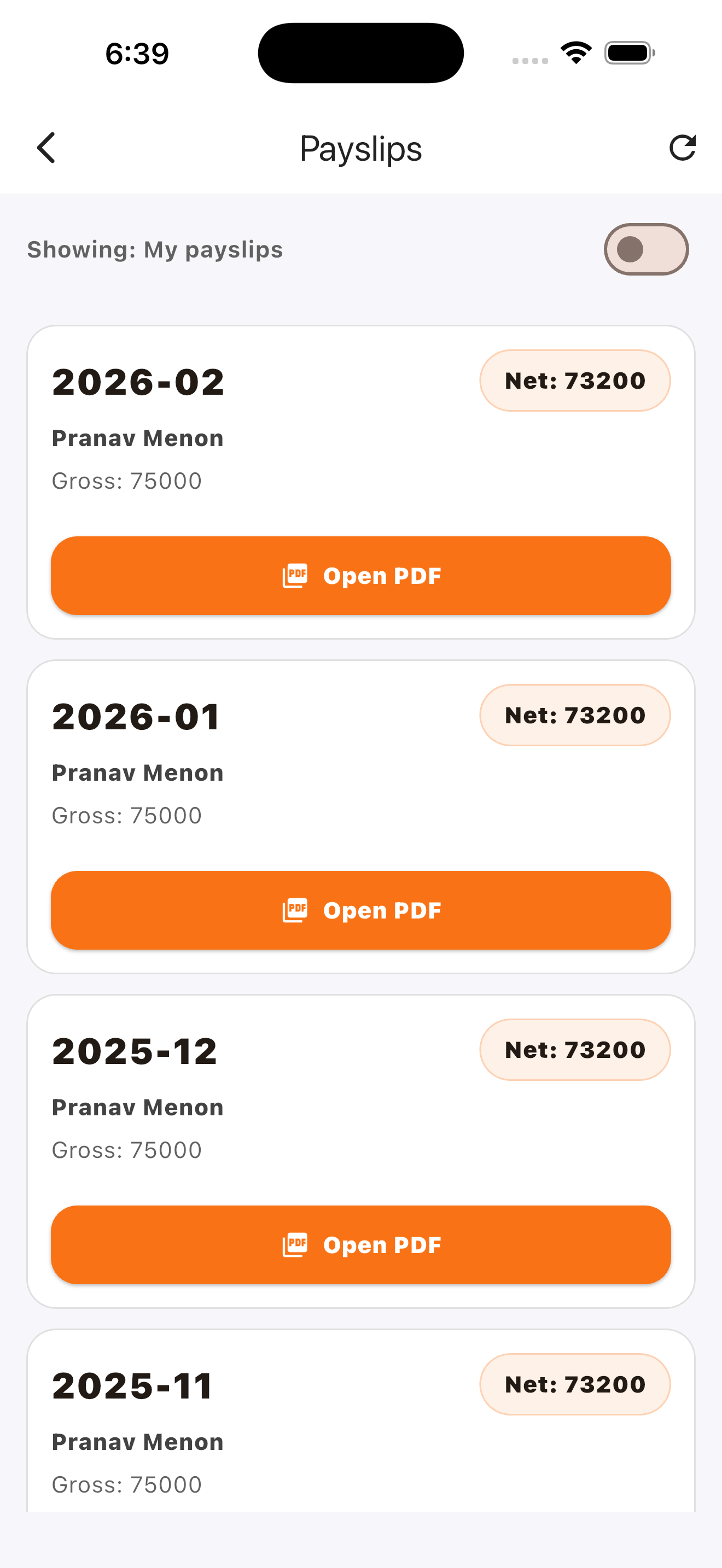 HRSoft mobile payslip list screen